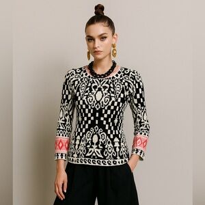 Yoana Baraschi Stretch Textured Knit Top Womens Sz XS Black White Coral Long Slv